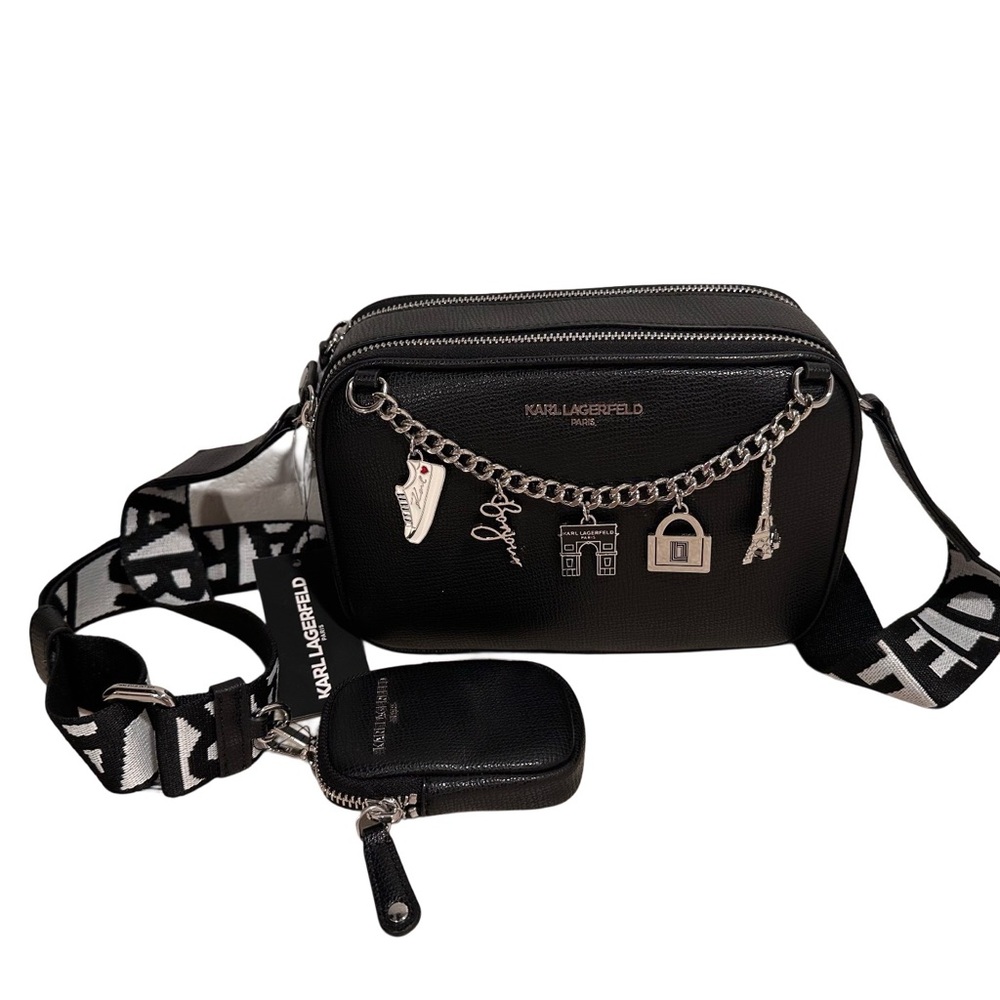 Karl Lagerfeld Camera Bag Black Crossbody Black & White Logo Strap Charms Paris - Picture 10 of 17
